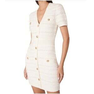 MILLY Kennedy Textured V Neck Knit Mini Dress Ecru XS‎ Gold Button